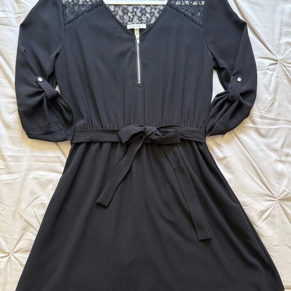Maurices Black Long-Sleeve Lace Yoke Belted Dress